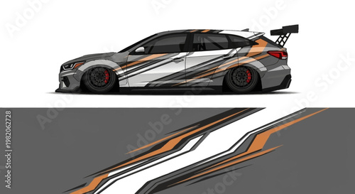 High-speed race car with bold orange, white, and black graphic livery and aerodynamic styling.