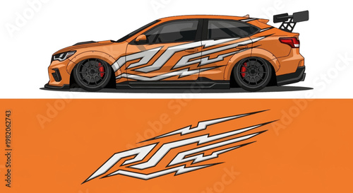 Orange racing car with white graphic decals and aerodynamic design on bright background.