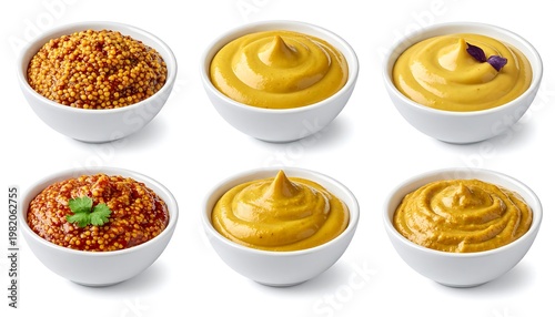 Six bowls of yellow and brown mustard varieties, served in white bowls, against a pure white background