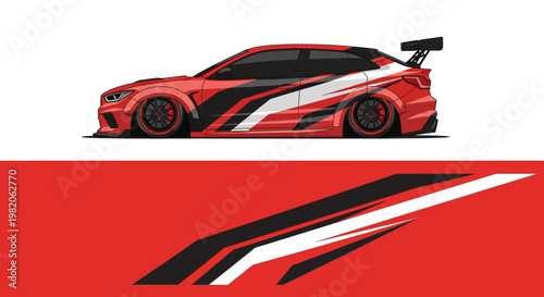Red sports car with bold racing stripes and sleek aerodynamic design.