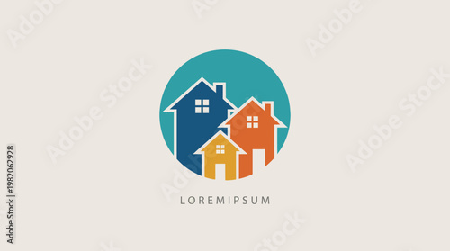 A modern logo design featuring colorful houses, representing a real estate business focused on community, home, and vibrant lifestyles in dynamic urban settings.