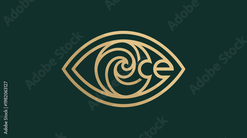 The intricate eye logo showcases a swirling design within its shape, representing perception and insight, crafted in gold on a deep green background for contrast.