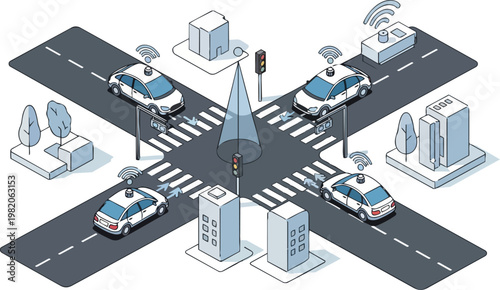 Isometric Smart City Intersection Illustration with Autonomous Vehicles and V2X Communication Technology