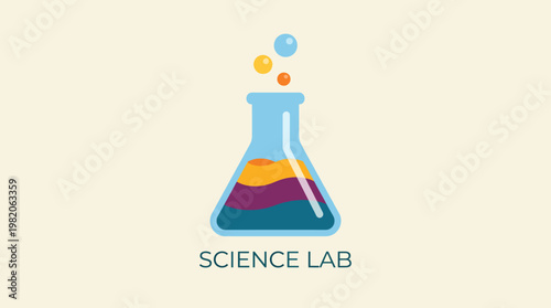 This cheerful logo presents a science lab beaker filled with vibrant liquids, symbolizing innovation and discovery in scientific research and education environments.