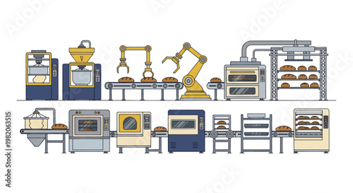 Automated Bakery Production Line with Robotic Arms and Conveyor Belts.