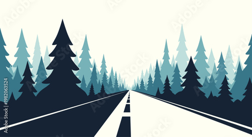 A straight, empty road with white lane markings leads into the distance through a dense forest of tall pine tree silhouettes.