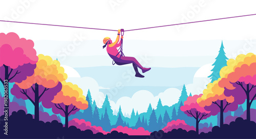 A person wearing a helmet and harness enjoys an exciting zipline ride through a vibrant and colorful autumn forest canopy.
