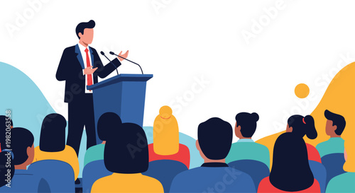 A confident businessman in a suit gives a speech from a podium to a diverse audience at a conference, seminar, or event.