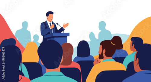 A male speaker at a podium addresses a diverse audience during a business conference, with colorful abstract shapes in the back.