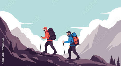 Two male hikers with large backpacks and trekking poles are climbing a steep, rocky mountain path with snowy peaks behind.