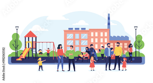Happy families and children are playing and socializing in a playground located in a city park next to a large building.