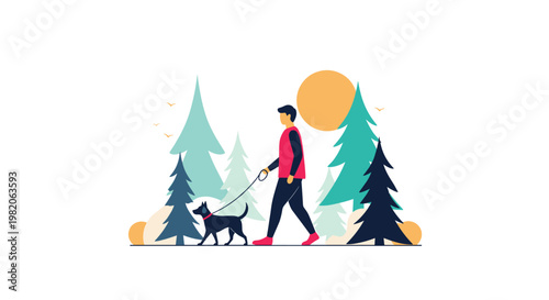 A young man enjoys a peaceful walk with his dog on a leash through a beautiful forest with a bright sun in the sky.