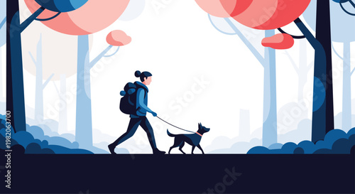 Woman with a backpack walking her loyal dog on a leash through a serene, misty forest with stylized trees in a limited color palette.