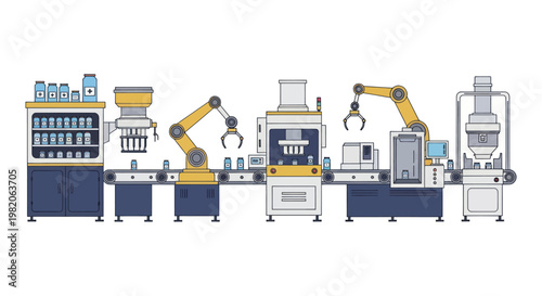 Automated Bottling Plant Production Line with Robotic Arms.