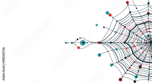 Abstract geometric spider web illustration created with interconnected lines and nodes in a modern, technical style on a clean white background.