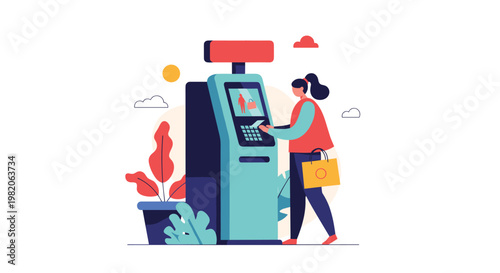 Woman using a self-service payment terminal or ATM machine in a retail environment, holding a shopping bag for a convenient and modern transaction.