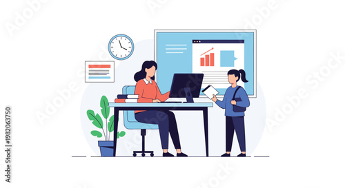 Female teacher at her desk assisting a young student holding a tablet in a modern classroom setting with a computer and educational charts in the background.