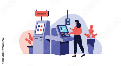 Woman using modern self-service kiosks for ordering and payment in a retail store, showcasing the convenience of automated customer service technology.