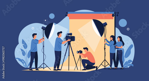 Professional film crew working together on a movie set or in a photo studio, with cameramen, lighting technicians, and a photographer setting up equipment.