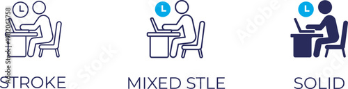 Working icons set with business person, office tasks, productivity, and remote work symbols in editable stroke, outline, and solid styles.