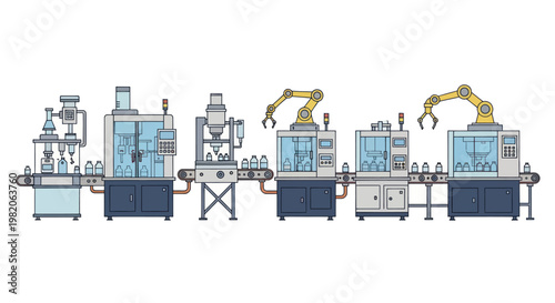 Automated Bottling Plant Production Line with Robotic Arms.