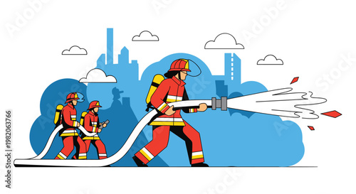 Team of brave firefighters in full uniform and helmets working together to extinguish a fire with a water hose against a city skyline background.