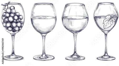 Four illustrated wine glasses with varying contents on a white background