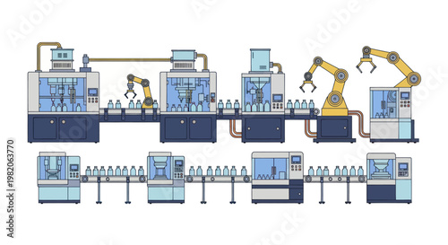 Automated Bottling Plant with Robotic Arms and Conveyor Belts.