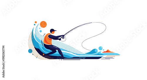Dynamic and stylized illustration of a fisherman casting a line from a boat, surrounded by abstract blue waves in a modern, energetic art style.