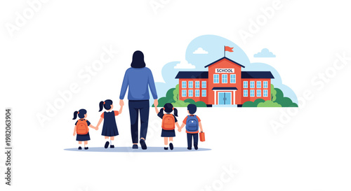 Female teacher leading a group of young students with backpacks, walking hand-in-hand towards a red school building for the first day of school.