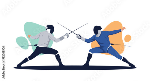 Two athletes in full fencing gear and masks engaged in a competitive duel with their foils crossed, set against abstract background shapes.