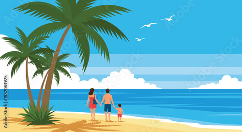 Young family with a child holding hands and walking on a sandy tropical beach with palm trees, looking out at the calm ocean on a summer vacation.