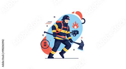 Brave firefighter in full protective gear running with an axe, ready for emergency rescue with fire and safety icons in the background.