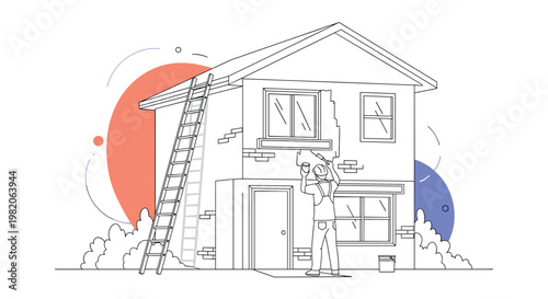 Line art illustration of a man on a ladder painting the exterior of a two-story house, representing home improvement and renovation projects.
