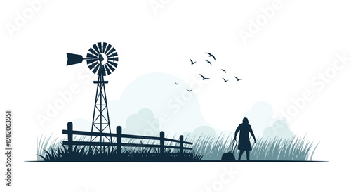 Monochromatic silhouette of a lonely traveler walking through a grassy field with a windmill and fence, creating a serene and melancholic rural scene.