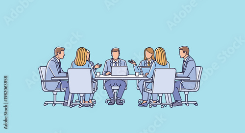 Group of business people in suits sitting around a conference table during a board meeting, actively discussing strategy with laptops.