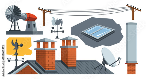 Collection of various rooftop elements, including brick chimneys, weathervanes, a satellite dish, skylight, and power lines on a white background.