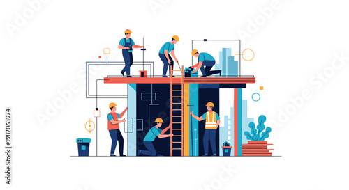 Team of construction workers and builders collaborating on a building project, using tools, ladders, and blueprints in a flat vector illustration.