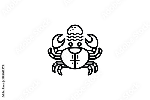Simple line drawing of a crab with a smiling face and claws
