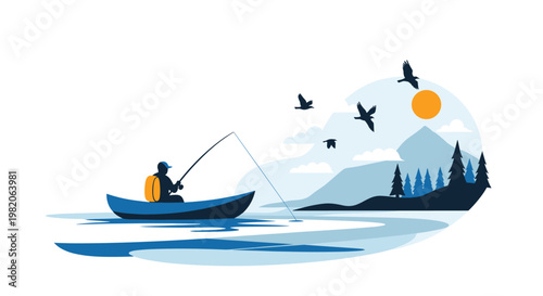 Silhouette of a fisherman in a small boat fishing on a calm lake, with mountains, pine trees, and flying birds in a peaceful nature landscape.