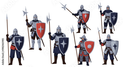 Set of medieval knights in full plate armor, holding various weapons like spears and halberds, and carrying shields with different emblems.