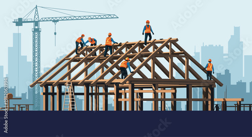 Team of construction workers building the wooden frame of a house with a crane and city skyline in the background, showing the process of home building.