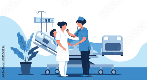 Nurses providing medical care to a patient lying in a hospital bed, with one nurse using a stethoscope for a check-up in a clinical setting.