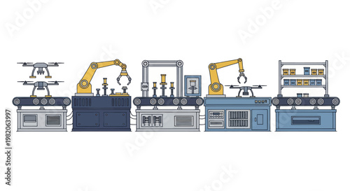 Automated drone manufacturing assembly line with robotic arms.