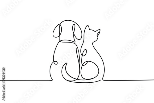 Continuous line drawing of a dog and cat sitting side by side