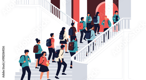 Group of diverse high school or college students with backpacks walking up the stairs inside a school building between classes.