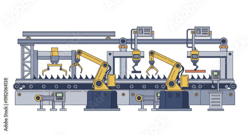 Automated factory production line with robotic arms and conveyor belt system.