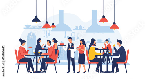 Busy restaurant scene with diverse customers dining at tables while waiters and waitresses serve food in a modern and lively interior.