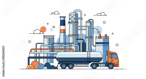 Line art illustration of an oil refinery or chemical plant with a tanker truck, depicting industrial processes and energy production.