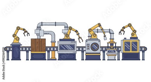 Automated factory production line with robotic arms and conveyor belt system.